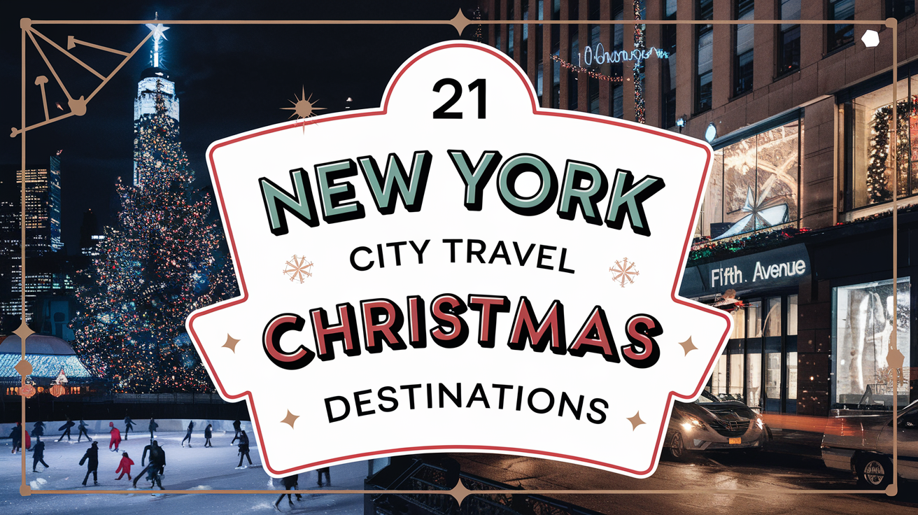 Image in 16:9 format with a magical holiday spirit of New York City. The background is a night scene of New York City with the Rockefeller Center Christmas Tree, ice skating at Central Park, and festive window displays on Fifth Avenue. The foreground contains the title "21 New York City Travel Christmas Destinations" in bold, colorful Christmas fonts. There are subtle travel-themed graphics, such as map lines, compasses, and small icons of buses and trains. The overall design evokes a sense of wanderlust and excitement, inviting viewers to discover the diverse and enchanting holiday experiences NYC has to offer.