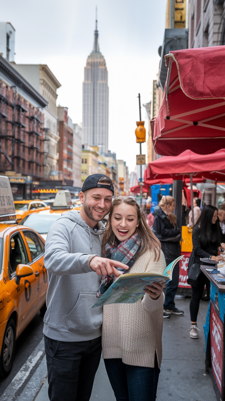 A photo of a smiling couple in their late 20s, casually dressed, standing on a busy NYC sidewalk. The man is wearing a gray hoodie and a cap, and the woman is wearing a beige sweater and a scarf. They are holding a map and pointing excitedly as if planning their next stop. The Empire State Building is visible in the background. Around them, there are yellow taxis, pedestrians, and street vendors. The atmosphere feels lively and welcoming, capturing the thrill of exploring NYC affordably.