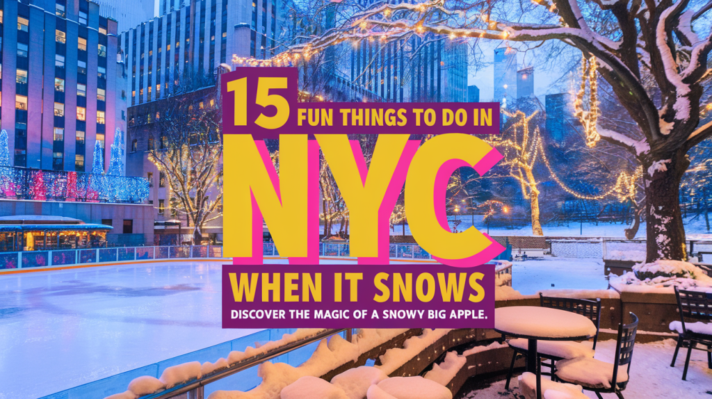 A bright and bold image with vivid colors featuring a snowy New York City scene. The background image includes the Rockefeller Center ice rink with holiday lights and Central Park with snow-dusted trees. There are elements like hot chocolate, holiday lights, and cozy cafes. There is a large, bold text overlay with the title "15 Fun Things to Do in NYC When It Snows" and a smaller subtext below it, "Discover the Magic of a Snowy Big Apple."