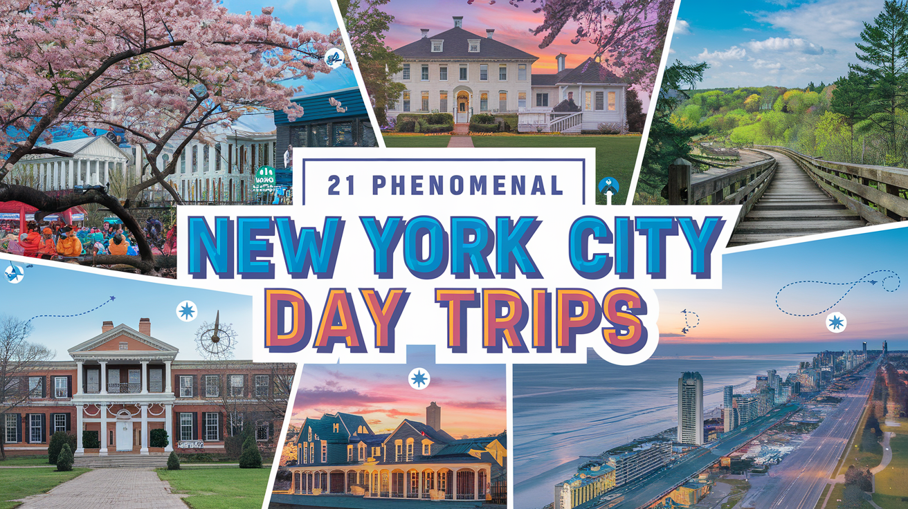 A dynamic and vibrant collage of day trip destinations. In the background, there are the Cherry Blossom Festival in Washington D.C., the majestic mansions of Newport, the serene hiking trails of Mohonk Preserve, the historic architecture of Princeton, NJ, the coastal elegance of Cape May, and the bustling boardwalk of Atlantic City. The title "21 Phenomenal New York City Day Trips" is placed prominently in the center using bold, colorful fonts. Subtle travel-related graphics, such as map lines, compasses, and small icons of buses and trains, are included to emphasize the concept of travel and exploration.