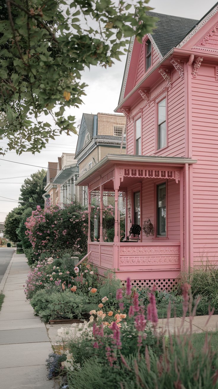 A photo of a pink Victorian-style house with gingerbread trim in Cape May, New Jersey. The house features a wrap-around porch and is surrounded by a lush garden filled with vibrant flowers. The sidewalk in front of the house is lined with flowers. The background reveals a quiet street with more Victorian houses and a few trees. The overall ambiance of the photo is serene and picturesque.