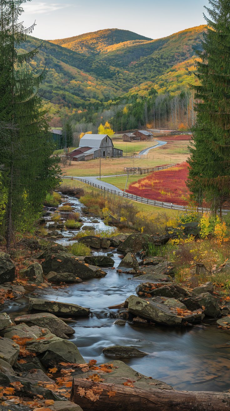 A photo of the Catskills in New York, showing a lush, sprawling haven of rolling mountains draped in emerald forests. The air is crisp, carrying the scent of pine and damp earth. Babbling brooks weave through moss-covered rocks. Winding roads reveal rustic barns, wooden fences, and open fields that blaze with fiery reds and golds in the fall. Trails lead to cascading waterfalls, with their cool mist rising against the backdrop of chirping birds and rustling leaves. The Catskills are a serene escape, alive with nature's vibrant energy and timeless beauty.