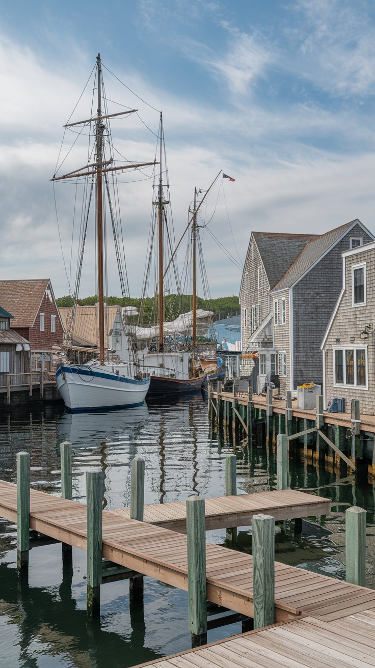 A photo of Mystic, Connecticut with wooden docks stretching over calm, briny waters dotted with white-sailed boats. The town has narrow streets lined with weathered shingled shops and seafood shacks. The air is rich with the scent of fresh clam chowder and salty ocean breeze. At the Mystic Seaport Museum, tall masts rise against the sky, their rigging snapping in the wind, evoking a bygone maritime era.