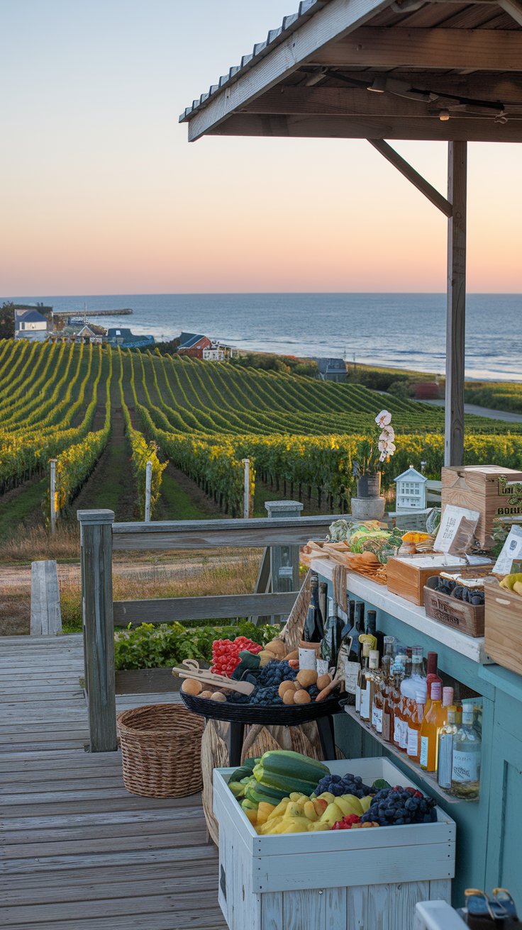 A photo of the serene North Fork countryside in New York, where vineyards roll gently towards the Long Island Sound. The photo captures a serene atmosphere, with the vineyards stretching out and the ocean in the background. The sky is clear, and the horizon is painted with vivid hues during sunset. The photo also captures farm stands overflowing with fresh produce, local honey, and artisanal goods. The earthy scents of the farm stands mingle with the salty tang of the sea. Quaint towns like Greenport are also captured, with weathered docks, boutique shops, and small cafes serving local wines.