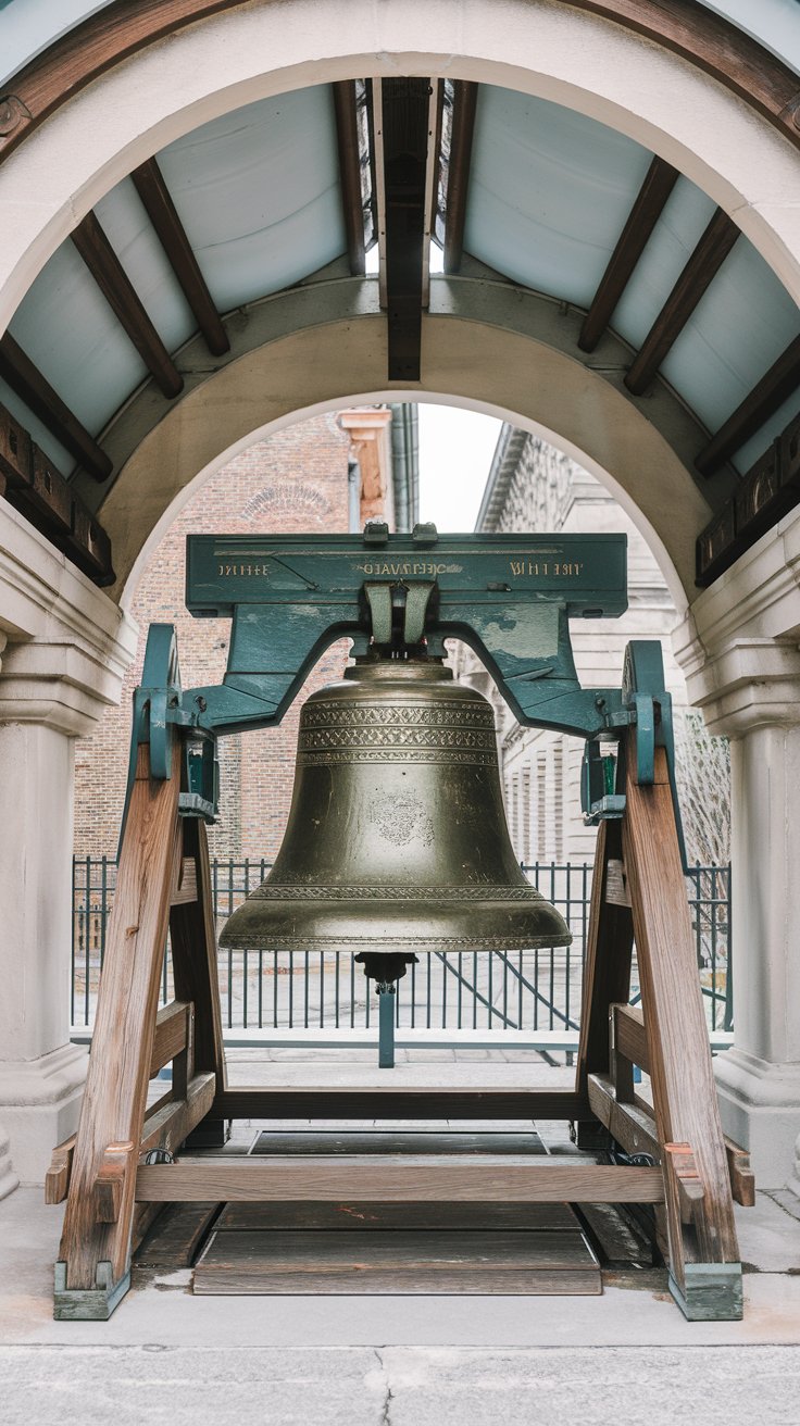 A photo of the Liberty Bell in Philadelphia, a symbol of American independence. The bell is housed in a protective pavilion. The background contains historical buildings. The atmosphere is educational and historical.