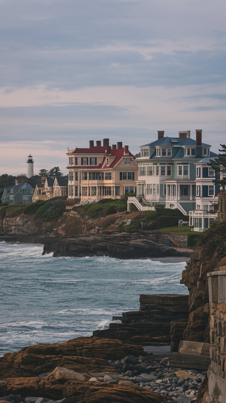 A photo of Newport, Rhode Island, with the iconic mansions along the shoreline. The mansions have intricate architecture and are painted in various pastel colors. The shoreline has rugged cliffs and the ocean has rough waves. There are cobblestone streets in the town with a few buildings. A lighthouse stands tall in the distance. The sky is overcast.