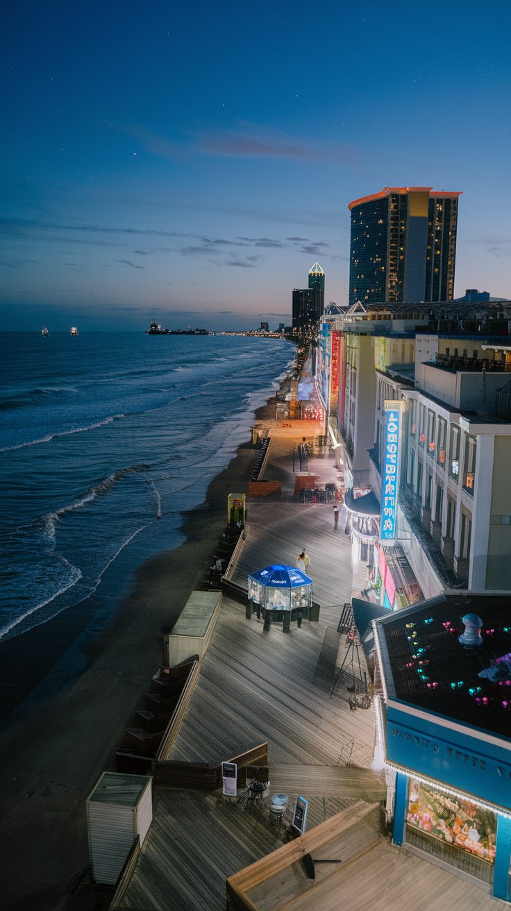 A photo of the Atlantic City boardwalk at night. The boardwalk is lined with shops, restaurants, and hotels. The background contains the sparkling Atlantic Ocean and the horizon is dotted with ships. The sky is clear, with a few stars visible. The atmosphere is lively, with the sound of crashing waves, music from street performers, and the buzz of casinos audible.