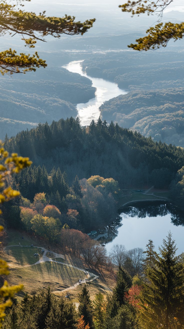 A photo of Bear Mountain State Park in New York. There's a dense forest with rolling hills. The forest has a canopy, which filters sunlight onto the winding trails. The air is filled with the scent of pine and fresh earth. The distant rustle of leaves blends with birdsong and the occasional crunch of hikers' boots. There's a Perkins Memorial Tower at the summit, which offers sweeping views of the Hudson River snaking through the valley below. The river's waters shimmer under the sky. The park has picnic spots and a lake, Hessian Lake, which reflects the surrounding trees like a glassy mirror. The park is a tranquil and picturesque escape.