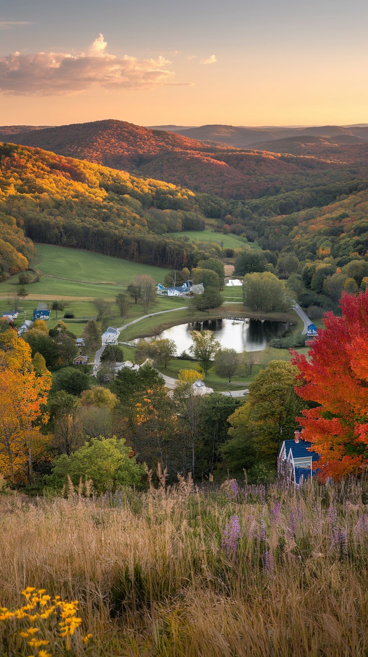 A photo of the Berkshires in Massachusetts. There are rolling hills, lush forests, and charming New England villages. The air carries the faint sweetness of wildflowers and the fresh, woody scent of towering maples. There are winding country roads, tranquil lakes, historic farms, and quaint towns like Lenox and Stockbridge with steepled churches and colonial homes. In fall, the hills blaze with fiery reds and oranges, mirrored in the calm waters of hidden ponds. The Berkshires blend natural beauty with cultural richness, offering a serene escape that feels both vibrant and restful.