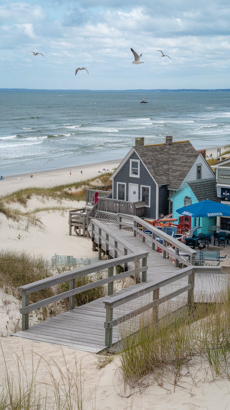 A photo of Fire Island, New York. There's a wooden boardwalk leading to a quaint village with charming cottages and colorful cafes. The background reveals a pristine beach with dunes, and the ocean's rhythmic waves meet the calm of the bay. Seagulls fly overhead, and there's a boat in the distance. The air is salty and fresh, with a faint scent of wild beach grasses swaying in the breeze.