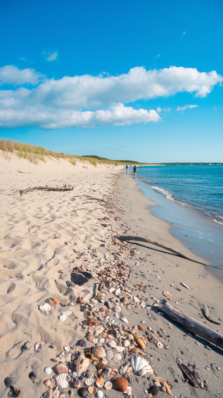 A photo of the Hamptons, New York. There's a long sandy beach with a few people. The background contains windswept dunes, and there's a clear blue sky with a few fluffy white clouds. The ocean water is a brilliant shade of blue. The shore is lined with driftwood. The sand is soft and golden. The tide is low, revealing a myriad of seashells.