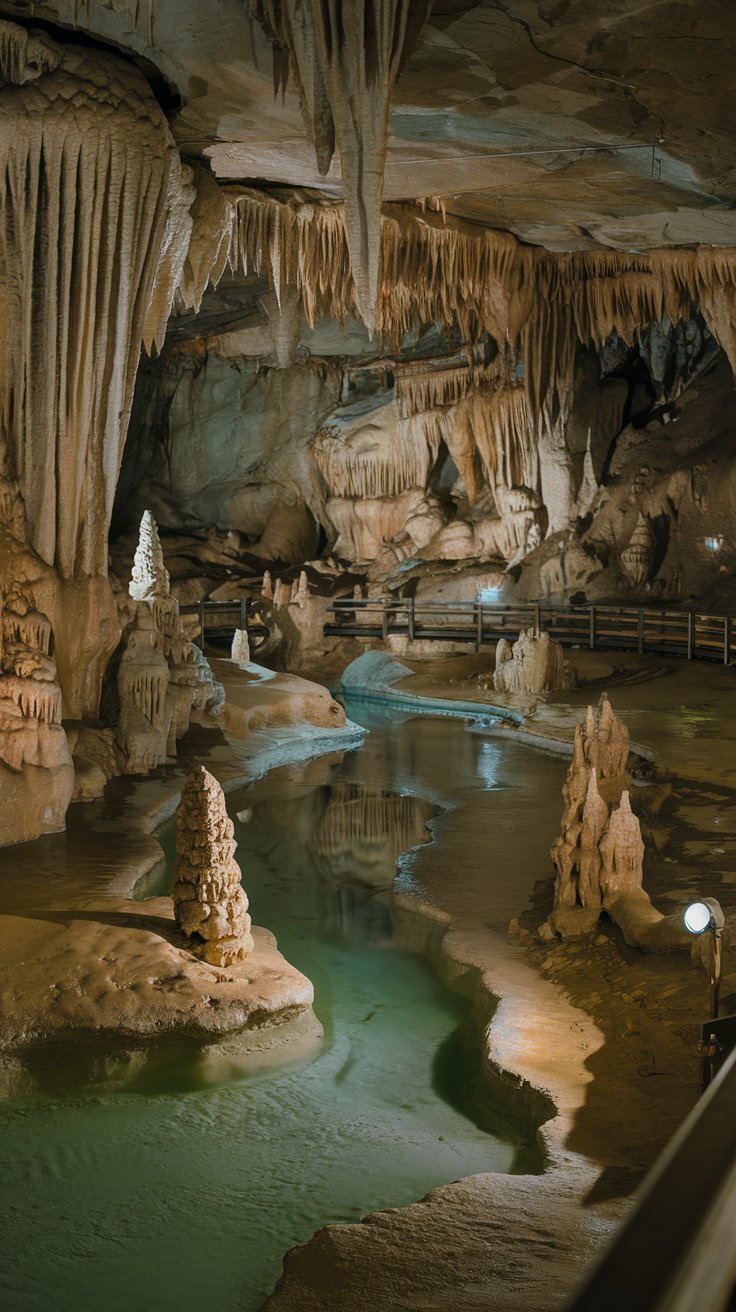 A photo of Howe Caverns in New York. The image shows a large underground cavern with a subterranean river. The cavern walls are lined with stalactites and stalagmites, and there are also some underground pools. The cavern has multiple levels, connected by wooden walkways. The overall ambiance is cool and damp, with the sound of dripping water echoing throughout the space.