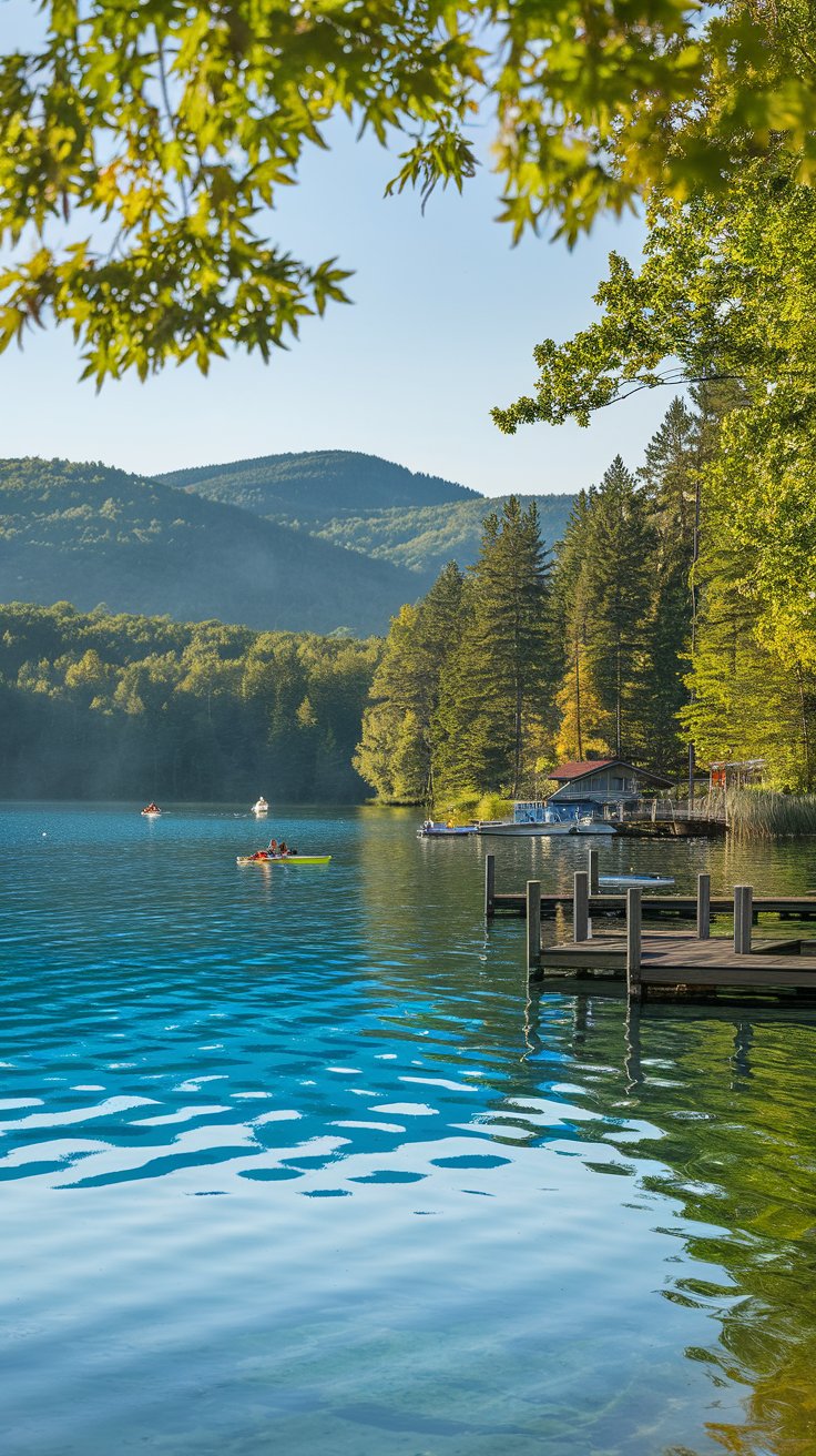 A photo of Lake Wallenpaupack in Pennsylvania. The lake is a sparkling expanse of clear blue water, surrounded by dense forests and rolling hills. The air is fresh, with a crisp scent of pine and the cool mist of the lake. There are quiet coves for kayaking, and the open water is filled with boats and the laughter of families enjoying the sun. Wooden docks creak gently in the breeze, and the rustling leaves create a calming backdrop. Lake Wallenpaupack is a tranquil retreat that captures the beauty of nature.