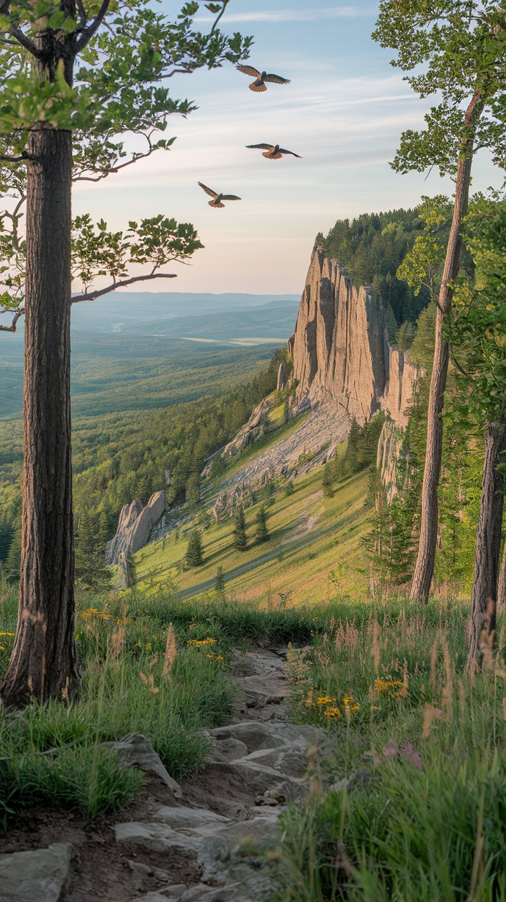 A photo of the Mohonk Preserve in New York. The photo features rugged cliffs, sprawling meadows, and dense woodlands. There are trails that wind through towering trees and alongside babbling streams. The Shawangunk Ridge rises dramatically, offering climbers a thrilling ascent and hikers breathtaking views of the valley below. The summit offers a vast landscape with greens and blues, and hawks can be seen gliding overhead. The Mohonk Preserve is a natural sanctuary, serene yet brimming with adventure.