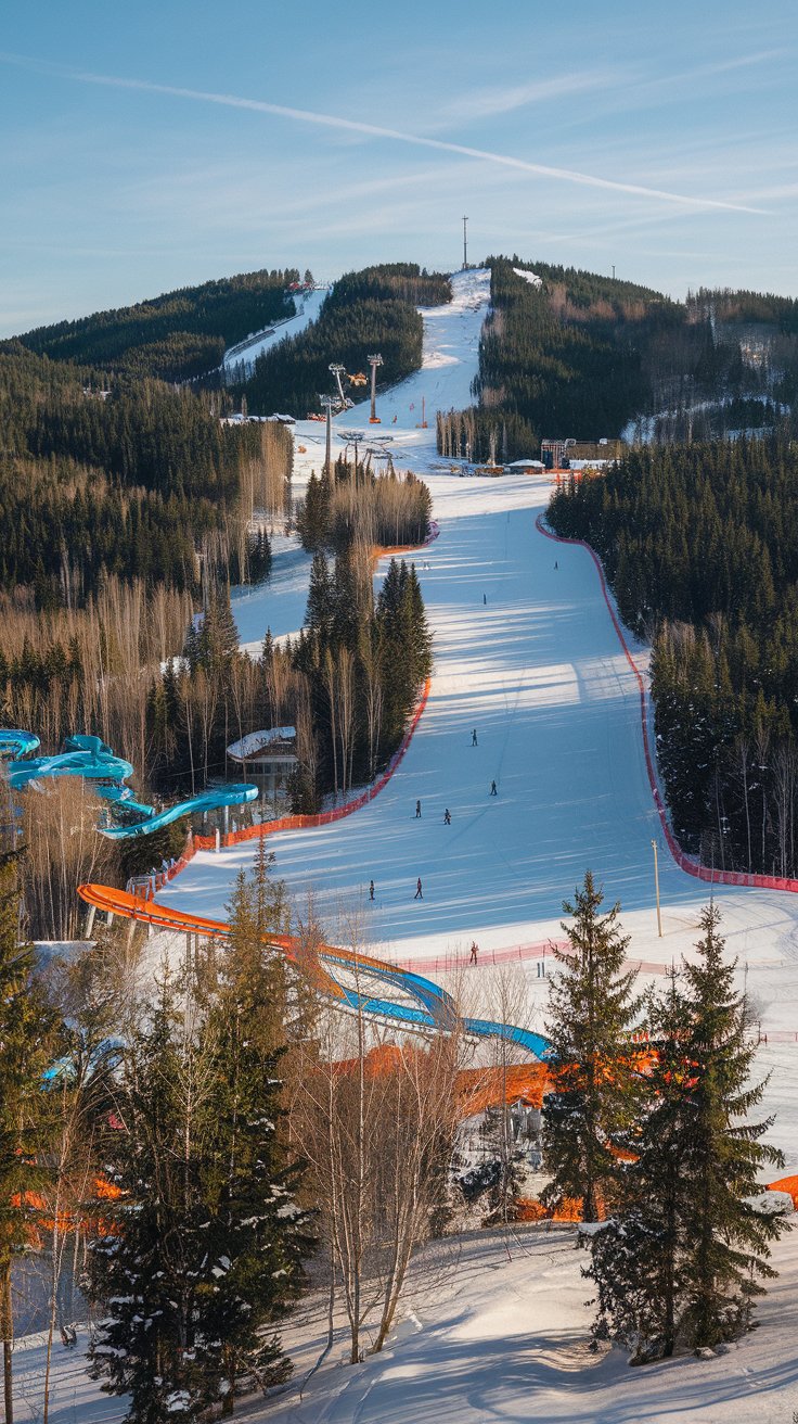 A photo of the Mountain Creek Resort in Vernon, New Jersey. There are wooded trails winding through rugged peaks and crisp alpine air fills the scene. In the winter, the slopes buzz with the energy of skiers carving fresh tracks, and the scent of hot cocoa drifts from the Red Tail Lodge. In the summer, the rush of water slides at the Mountain Creek Waterpark and the thrill of mountain bikers navigating scenic trails. The hum of the alpine coaster and the laughter of adventurers echo through the hills, making Mountain Creek a lively blend of natural beauty and year-round excitement.