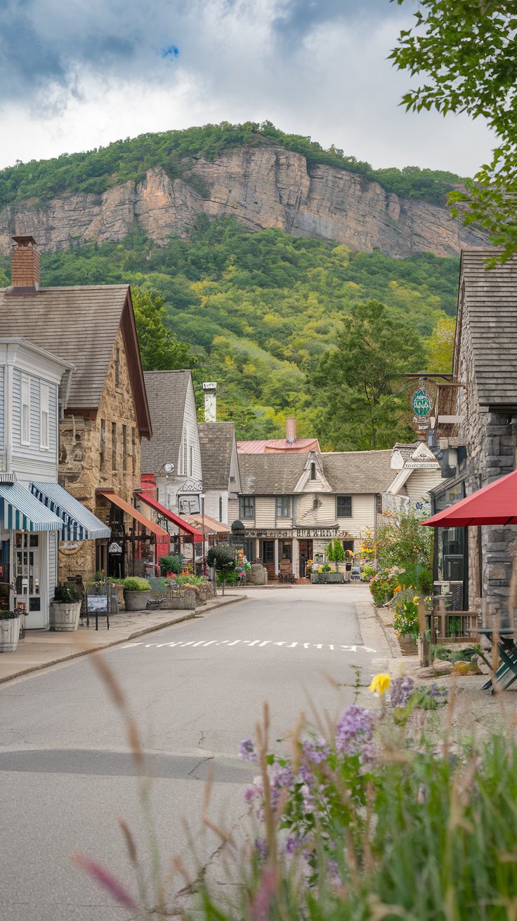 A photo of the picturesque town of New Paltz, New York, with historic charm and natural beauty. The streets are lined with quaint shops, cozy cafes, and stone houses dating back to the 17th century. The Shawangunk Ridge rises dramatically in the distance, offering a backdrop of rugged cliffs and lush forests. The air is fresh with the scent of wildflowers and mountain breezes, while nearby trails lead to cascading waterfalls and sweeping vistas. With its vibrant arts scene and outdoor adventures, New Paltz feels like a perfect blend of history, culture, and nature.