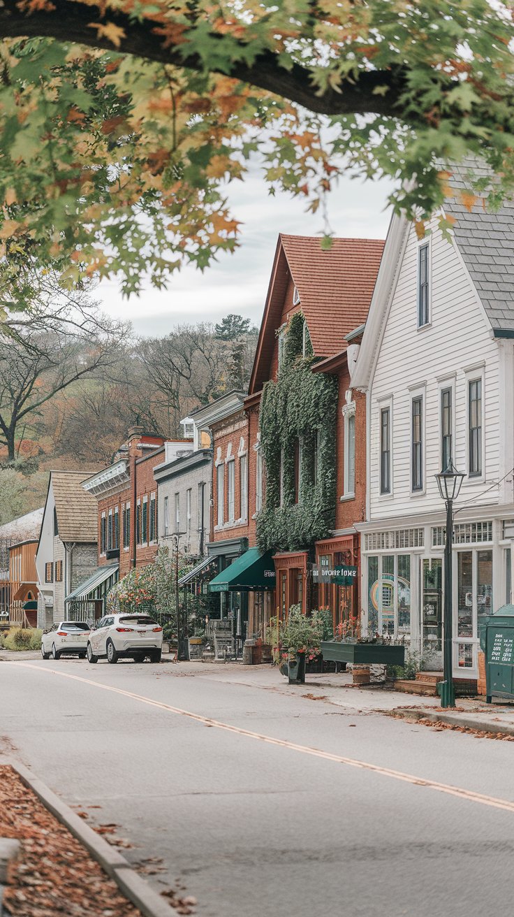 A photo of Red Hook, New York. The photo captures the quaint village center with tree-lined streets. There are boutique shops, cozy cafes, and historic architecture. The buildings have red bricks, wooden beams, and white paint. Some buildings have greenery growing on their walls. There are cars parked on the streets. The ground is covered with leaves. The air is crisp and earthy, mingling with the sweet scent of nearby orchards and fields. Just beyond the village, winding country roads lead to scenic vistas, rustic barns, and the shimmering Hudson River. With its relaxed pace and natural beauty, Red Hook feels like a peaceful retreat steeped in rural charm.