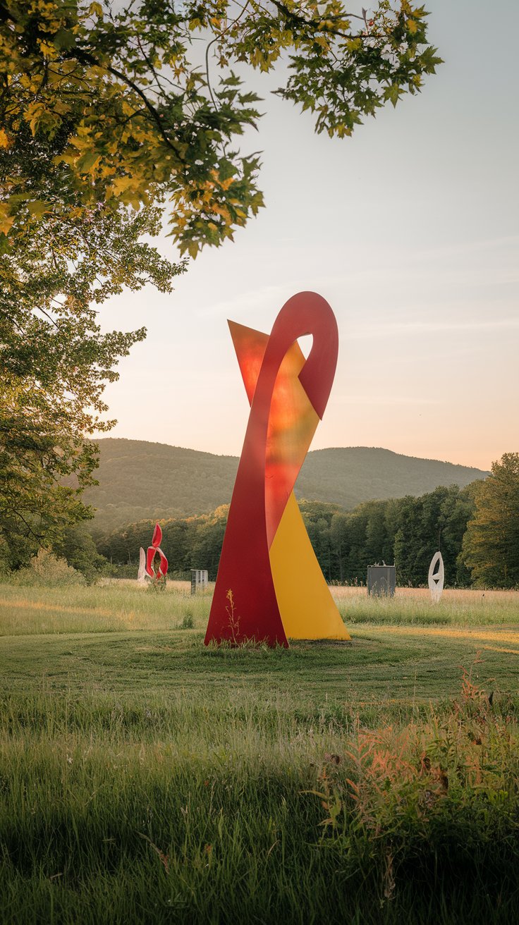 A photo of the Storm King Art Center in New Windsor, New York. The photo features a large, abstract sculpture with a red, orange, and yellow color scheme. The sculpture is placed on a grassy field. There are other sculptures in the background, scattered across the meadow. The setting sun casts a warm glow over the scene. The background reveals the rolling hills of the Hudson Valley. The photo has a serene atmosphere.