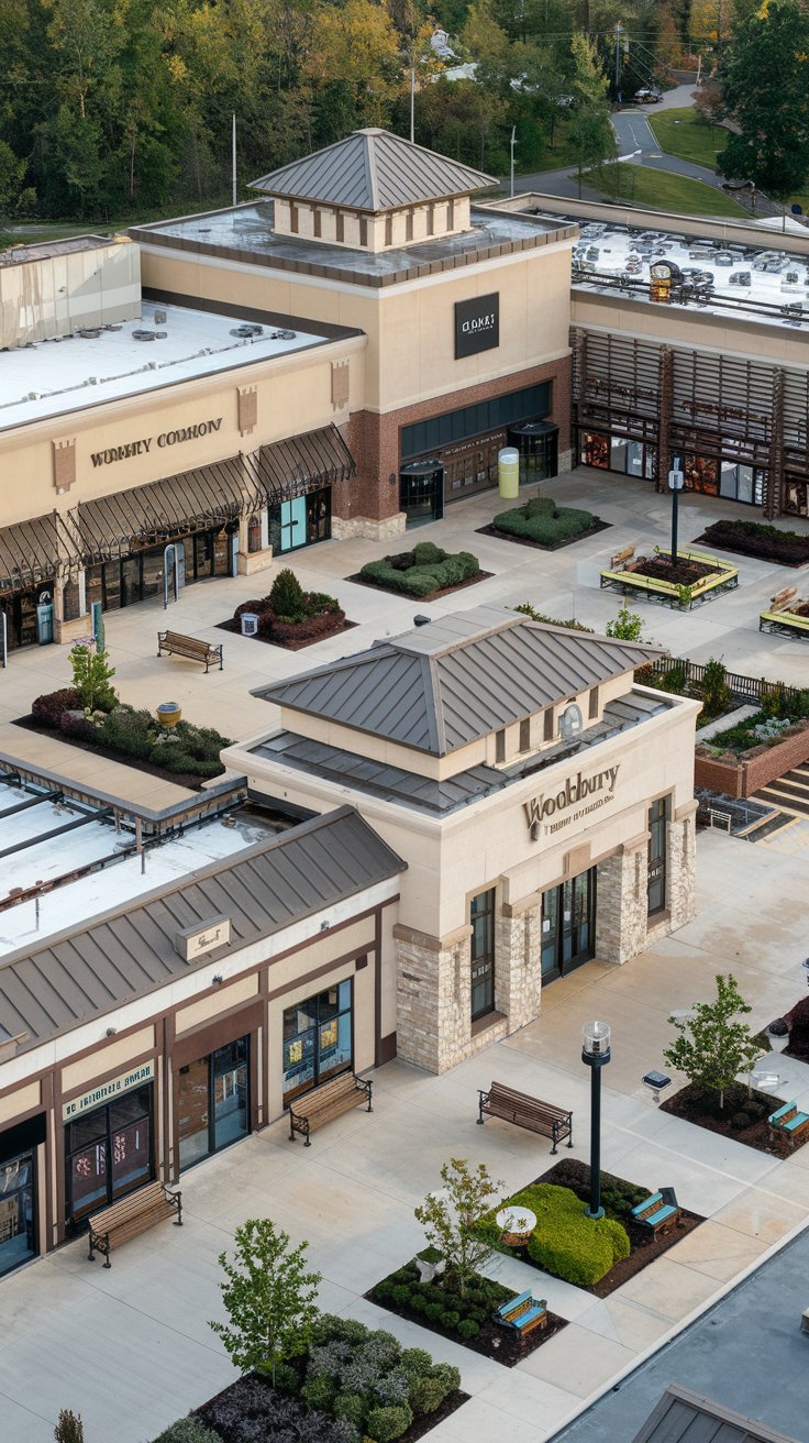 A photo of Woodbury Common Premium Outlets, a shopping destination with over 250 luxury and designer brands. There are multiple buildings with various stores. There are also benches and greenery around the area. The buildings have a beige and brown color scheme. The ground is paved with concrete.