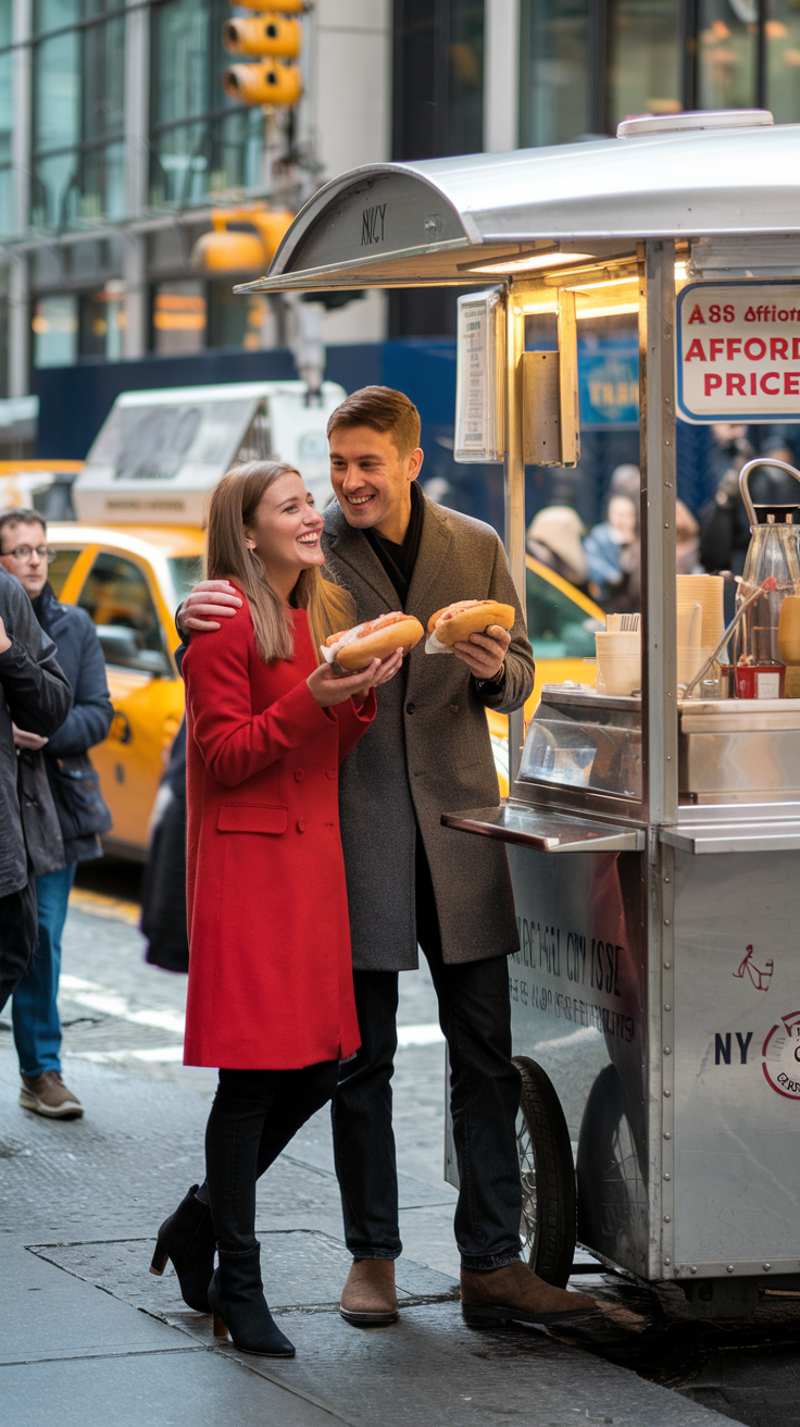 A photo of a lively couple standing at a classic NYC food cart. The woman is wearing a red coat and the man is wearing a grey coat. Each of them is holding a hot dog wrapped in paper. They are smiling and chatting. The bustling city street behind them features pedestrians and yellow taxis. A sign on the cart displays affordable prices. The scene captures the joy of indulging in NYC's iconic street food while staying on budget.