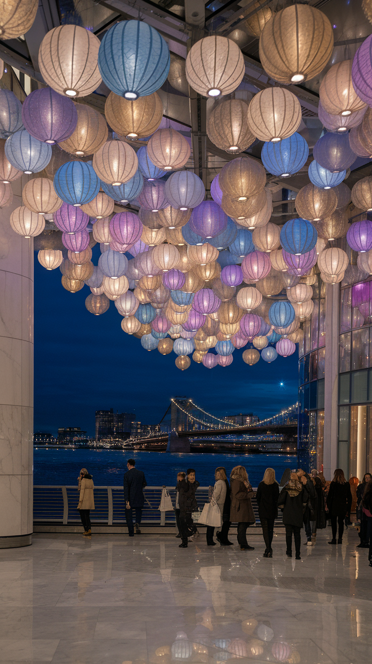 A photo of a glowing lanterns canopy in soft blues, purples, and golds, hovering above a sleek, marble atrium. The lights pulse gently, casting reflections onto the polished floor below. Outside, the Hudson River sparkles with city lights. Holiday shoppers wander through the high-end stores, bags in hand, pausing to marvel at the dreamlike display above.