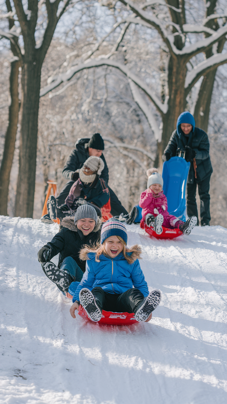 A photo of children sledding down the snow-covered slopes of Pilgrim Hill in Central Park. The children are laughing and having fun. Parents are waiting at the bottom with sleds, ready to bring them up again. The trees surrounding the hill are covered in snow, creating a picturesque winter scene.