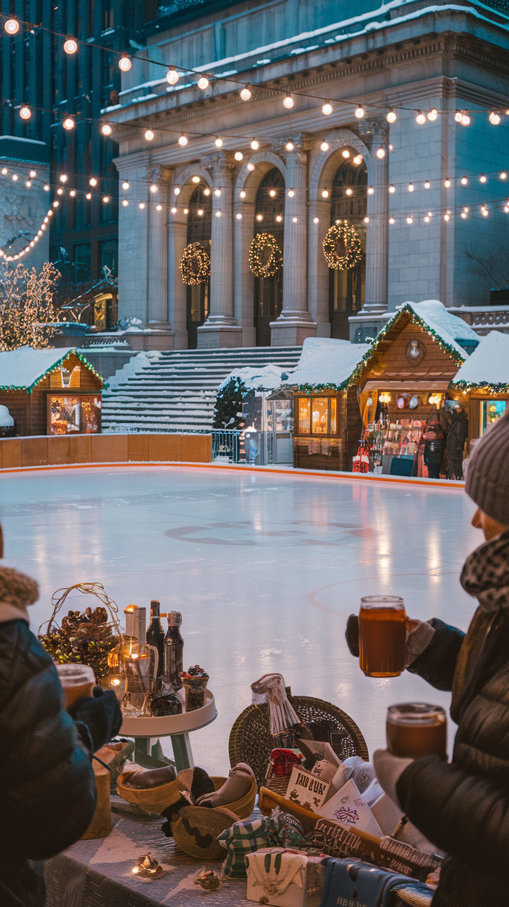 A photo of Bryant Park during the Winter Village event. The main focus is the ice rink, which is illuminated by string lights. Surrounding the rink are wooden chalets where vendors sell handmade gifts and holiday treats. In the background, the New York Public Library stands tall, its steps dusted with snow and adorned with festive wreaths. The atmosphere is warm and festive, with the scent of roasted chestnuts wafting through the air.