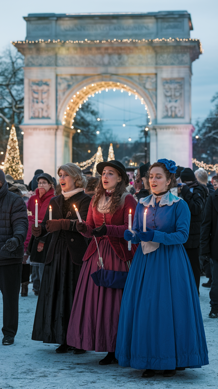 A photo of a group of carolers singing beneath the Washington Square Arch. They are dressed in Victorian-era clothing and have candles in their hands. The background contains a crowd of people, some of whom are dancing. The arch is illuminated with twinkling lights. The ground is covered with snow.