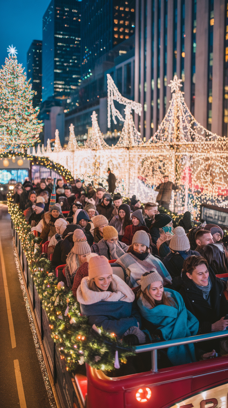 A photo of a festive double-decker bus gliding through NYC's holiday-lit streets. The bus is decorated with holiday lights and is filled with visitors wrapped in blankets. The visitors are marveling at sparkling displays, such as the Rockefeller Center's tree and Dyker Heights' over-the-top lights. The open-air top deck provides a panoramic view of the glowing city. There are occasional cheerful horns, adding to the festive buzz.