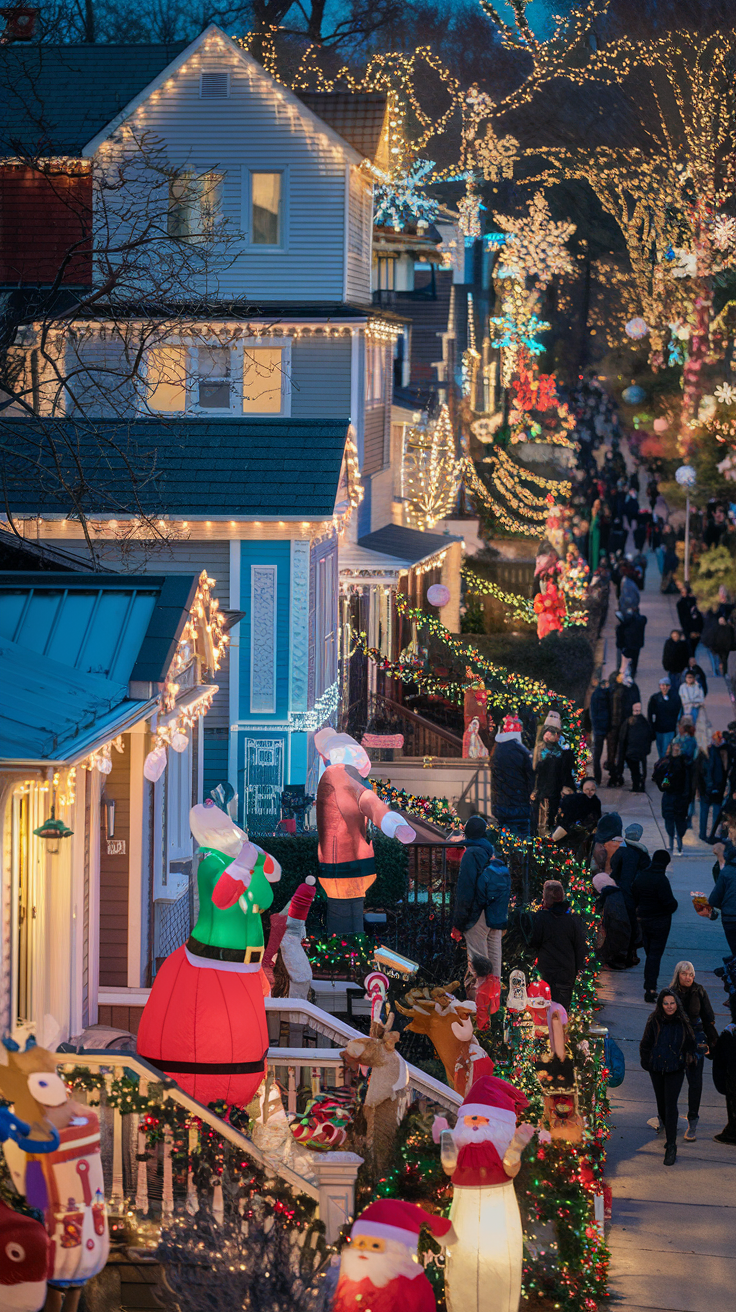 A photo of Dyker Heights in Brooklyn during the holidays. The streets are lined with houses decorated with Christmas lights. The roofs of the houses are covered in lights, and there are inflatable Santas and animated reindeer in the yards. The streets are filled with people, and there is holiday music playing. Giant nutcrackers stand by front doors, and candy canes line driveways. The overall scene is a glowing spectacle of holiday cheer.