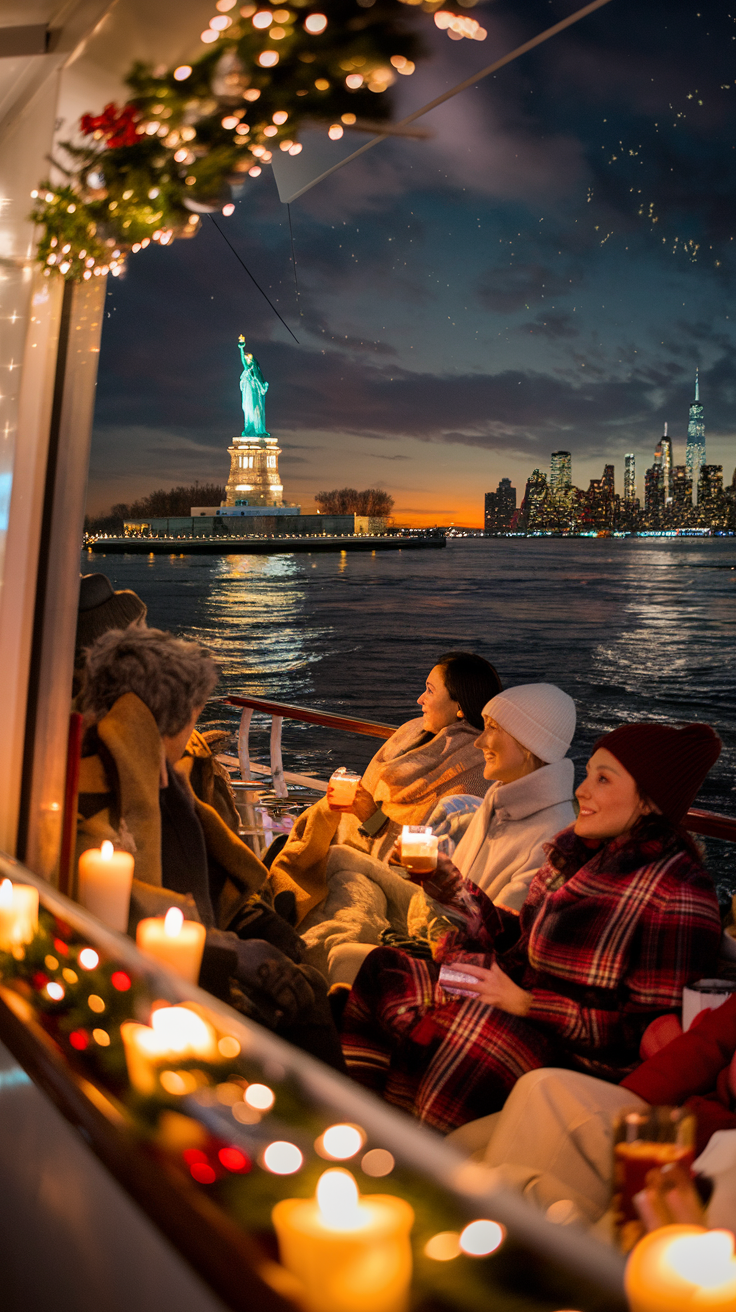 A holiday-themed harbor cruise with a festively decorated boat sailing through the dark waters of the Hudson River. The boat's windows are warm and inviting, with the soft glow of candles and fairy lights. Passengers inside are wrapped in blankets, sipping on hot cocoa or mulled wine. They gaze out at the Statue of Liberty, which is adorned with holiday lights. The city skyline sparkles in the distance, its reflection dancing on the waves.