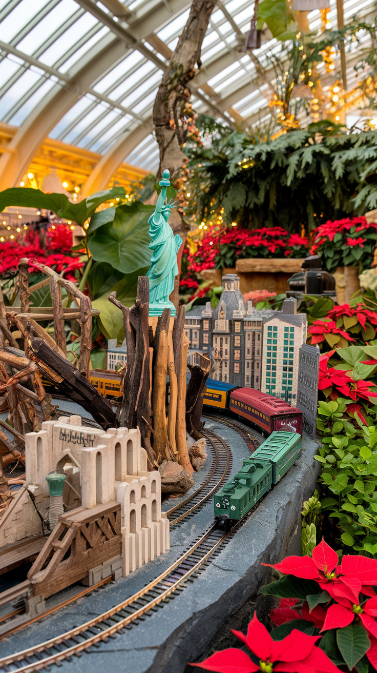 A photo of the Holiday Train Show at the New York Botanical Garden. Tiny trains weave through a magical miniature NYC, passing replicas of landmarks like the Statue of Liberty and Brooklyn Bridge, all made from bark, leaves, and acorns. Surrounding the exhibit are lush greenery and poinsettias, their vibrant reds contrasting against the warm, golden lighting of the conservatory.