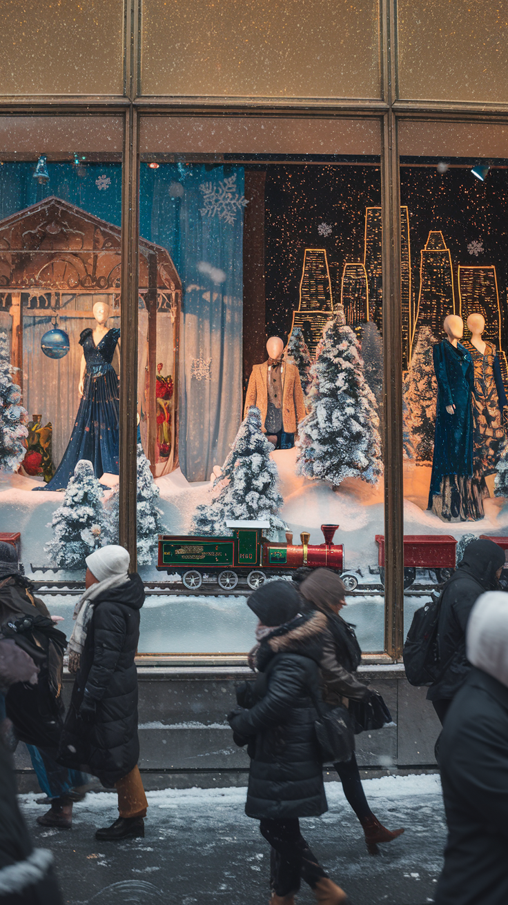 A photo of the holiday windows on Fifth Avenue. The windows are adorned with intricate displays of miniature worlds. There are toy trains chugging through snowy villages, mannequins dressed in haute couture posing among frosted trees, and glowing lights framing the scenes. Outside, bundled-up shoppers marvel at the artistry, their breath visible in the chilly air as they stroll down the bustling avenue.