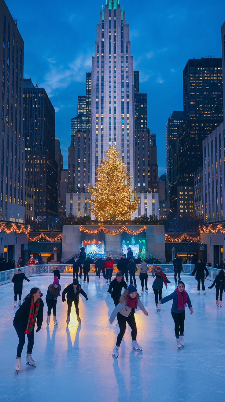 A photo of the Rockefeller Center ice skating rink at night. The rink is illuminated by the bright lights of the Rockefeller Center Christmas Tree. Skaters in colorful scarves and jackets glide across the ice, their reflections shimmering below. The golden statue of Prometheus stands tall, surrounded by festive garlands and cheerful crowds. The skyscrapers around the rink are adorned with holiday lights.