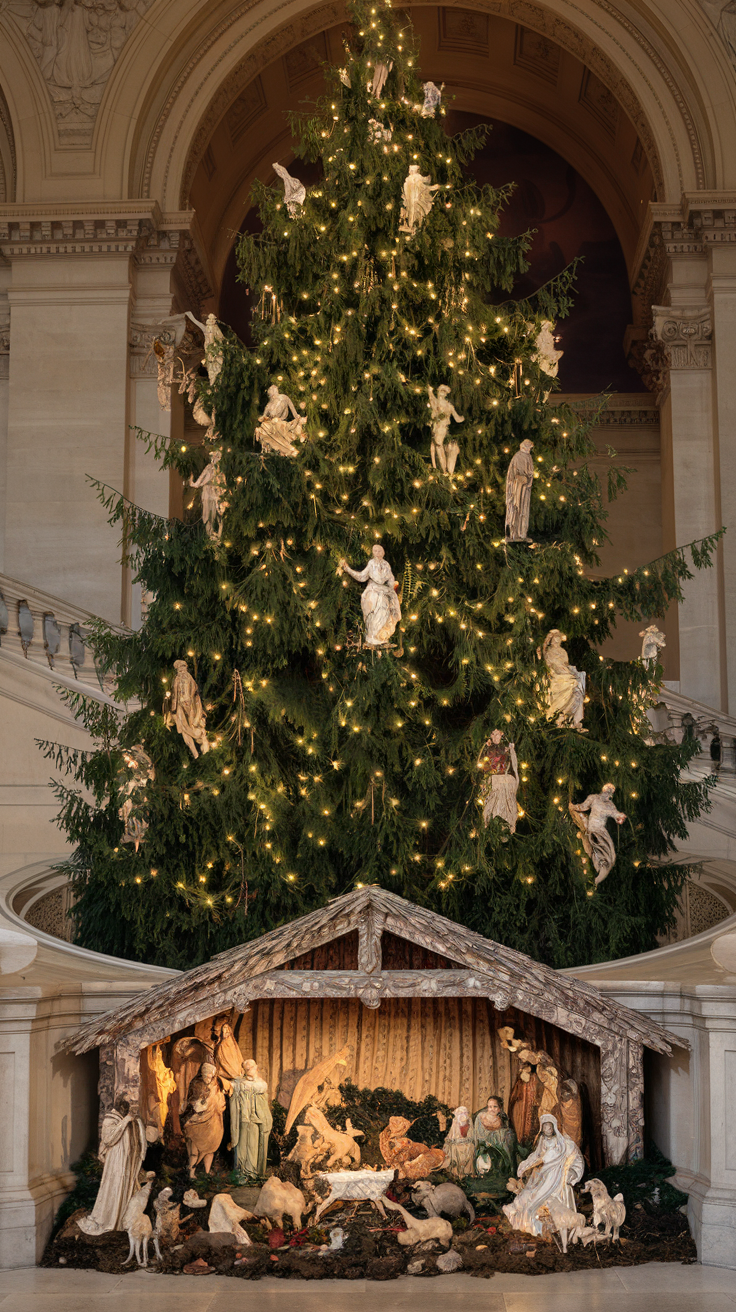 A photo of the Metropolitan Museum of Art's grand hall during the Christmas season. A towering evergreen tree is decorated with 18th-century figurines and golden lights. Beneath the tree is a Nativity scene with intricate details crafted from natural materials. The soft glow of the tree contrasts with the museum's regal marble walls and iconic staircase.