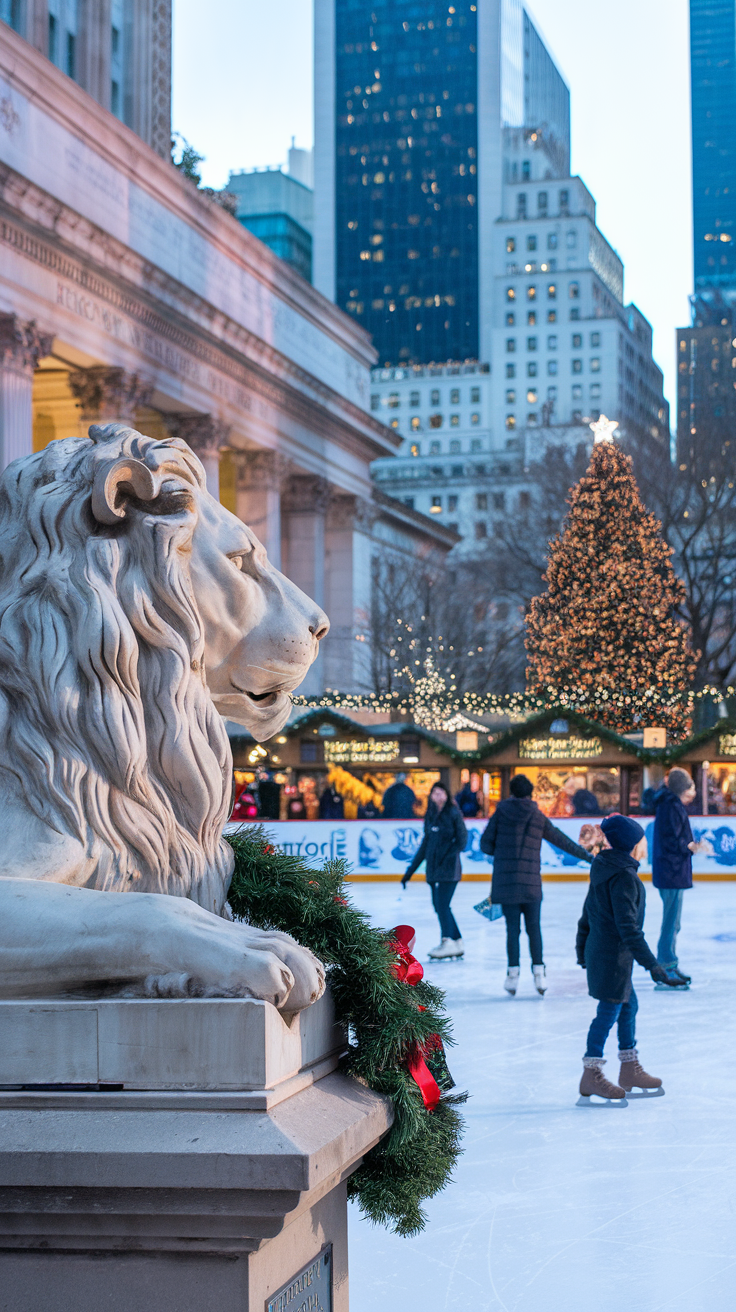 A photo of the New York Public Library and Bryant Park during the holiday season. The lion statues outside the library are wearing wreaths. In the background, Bryant Park is bustling with activity. Skaters glide across the ice rink, and shoppers peruse the holiday market. A giant Christmas tree in the park emits a soft glow, creating a warm and inviting atmosphere.