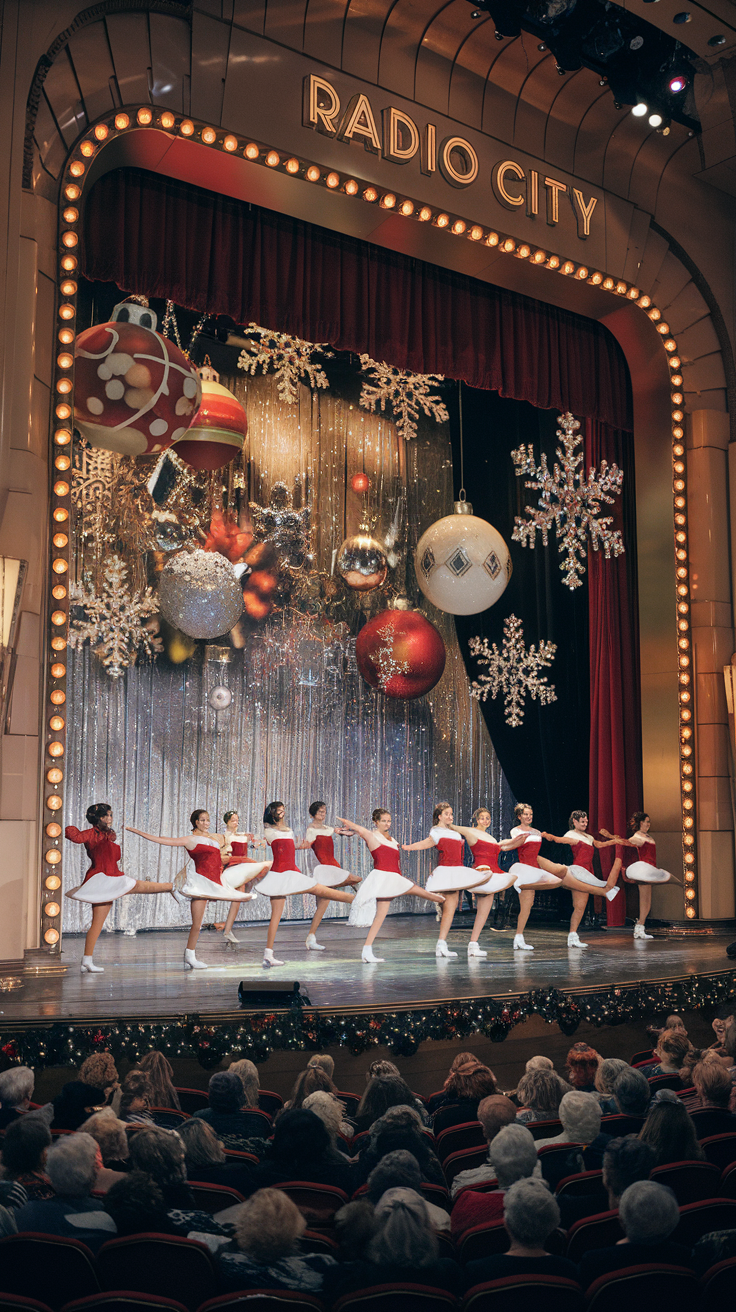 A photo of the Radio City Christmas Spectacular. The grand marquee of Radio City Music Hall glows with neon lights, reflecting off the wet pavement of 6th Avenue. Inside, a sea of red velvet seats faces the glittering stage, where the Rockettes kick in perfect unison. Oversized Christmas ornaments, glittering snowflakes, and a shimmering backdrop transform the hall into a holiday wonderland, while the towering Art Deco walls echo the music of the season.