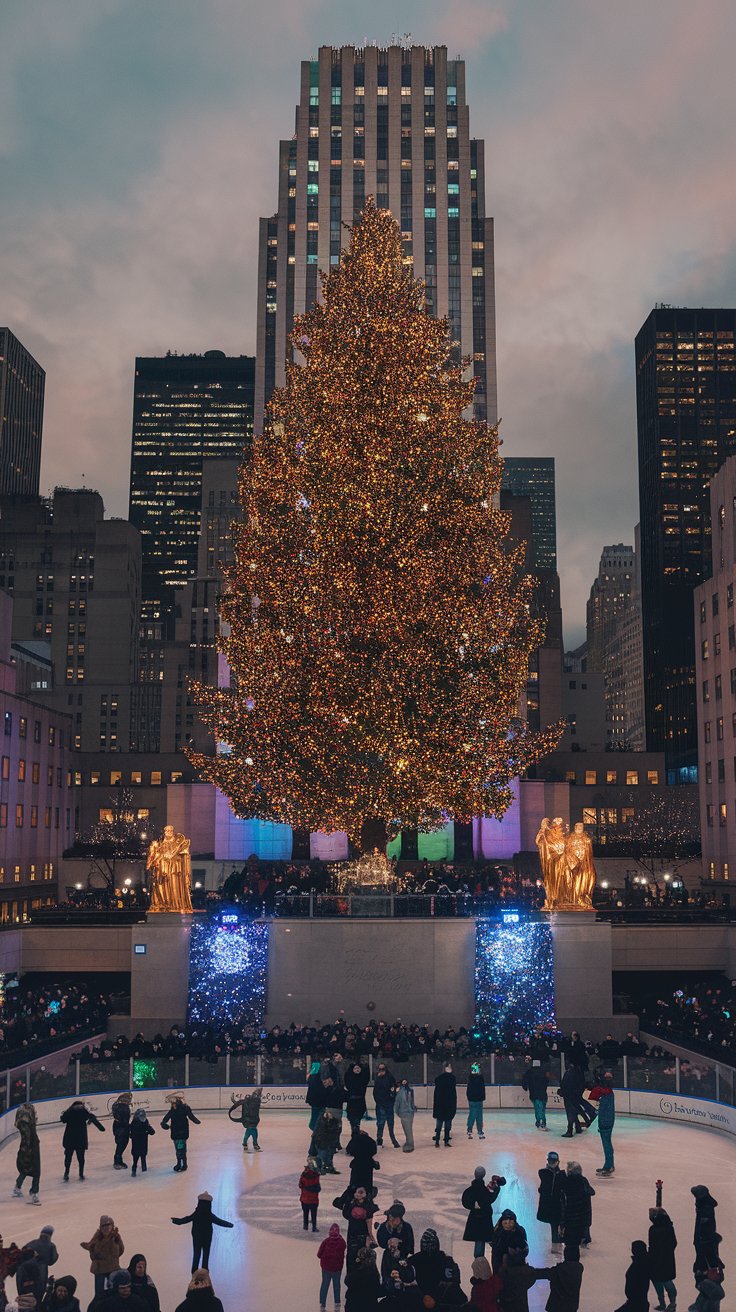 Image in 16:9 format with a magical holiday spirit of New York City. The background is a night scene of New York City with the Rockefeller Center Christmas Tree, ice skating at Central Park, and festive window displays on Fifth Avenue. The foreground contains the title "21 New York City Travel Christmas Destinations" in bold, colorful Christmas fonts. There are subtle travel-themed graphics, such as map lines, compasses, and small icons of buses and trains. The overall design evokes a sense of wanderlust and excitement, inviting viewers to discover the diverse and enchanting holiday experiences NYC has to offer.