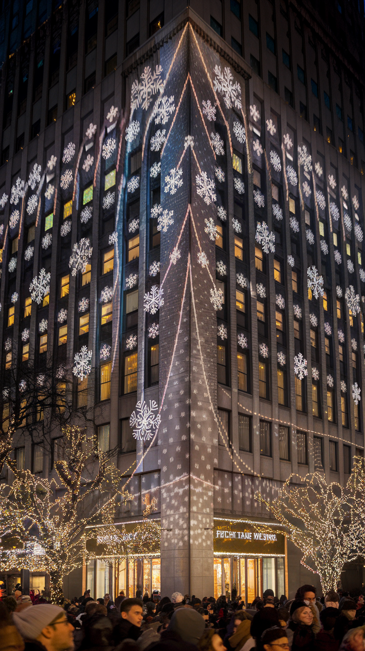 A photo of the Saks Fifth Avenue light show. The facade of the building erupts in a symphony of lights, synchronized to holiday music. Patterns of snowflakes and stars race across the building, creating a kaleidoscope of colors. Crowds gather, craning their necks to catch the spectacle as nearby trees twinkle with their own strands of white lights.