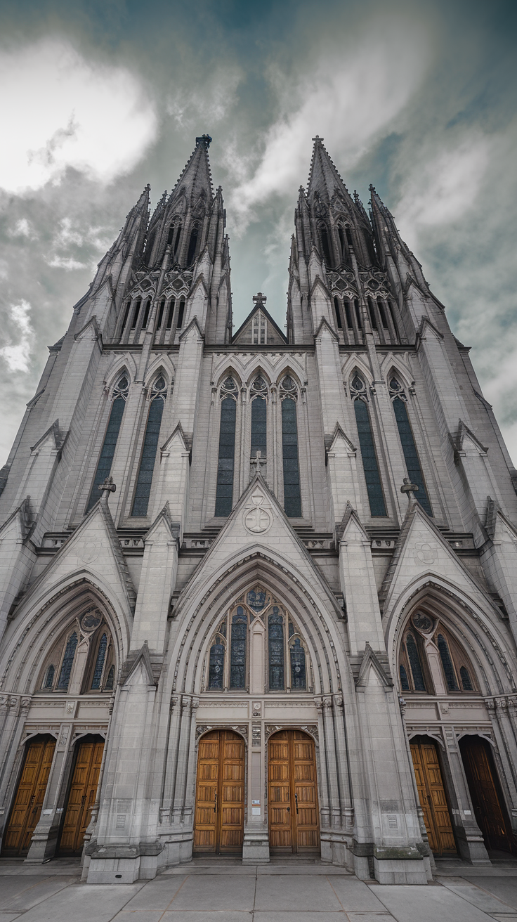 A photo of the exterior of St. Patrick's Cathedral. The cathedral has large wooden doors and soaring spires. The background reveals a winter sky with clouds.