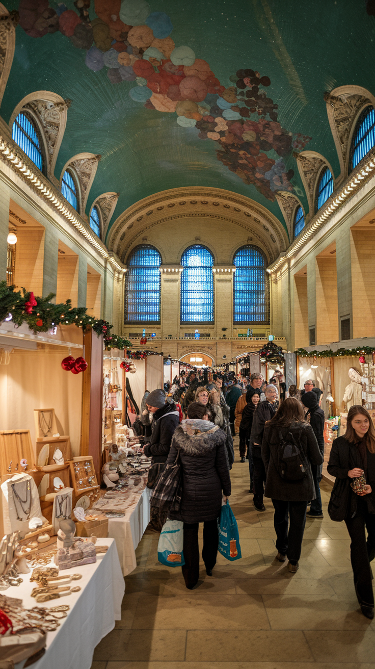 A photo of the Grand Central Terminal Holiday Fair. The ornate Vanderbilt Hall has a golden glow, with a celestial mural on the ceiling. There are stalls filled with artisan goods, such as handmade jewelry and holiday candles. Visitors are wandering around, carrying bags of gifts. The warm scents of spiced cider and fresh pastries fill the historic terminal.