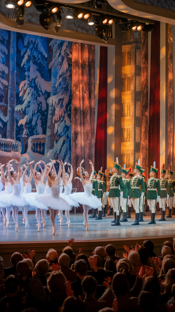 A photo of a performance of The Nutcracker at Lincoln Center. The stage is filled with ballerinas in white tutus and soldiers in green uniforms. The background contains a snowy forest and a grand ballroom. The audience is clapping and cheering. The lighting is warm and soft.