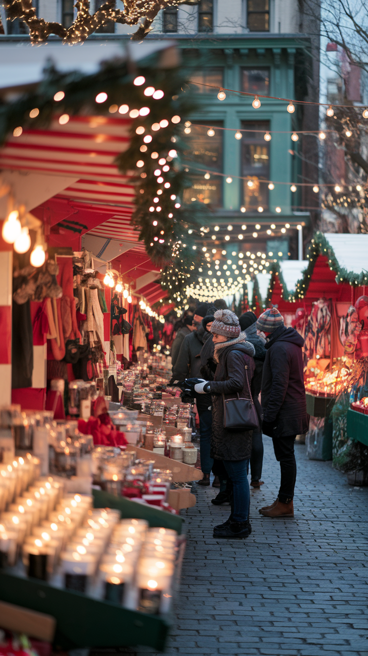 A photo of the Union Square Holiday Market in New York City. The market is filled with red-and-white-striped stalls. The stalls are filled with artisanal crafts, glowing candles, and colorful ornaments. The cobblestone paths are illuminated by twinkling string lights. Visitors are browsing the market with mittened hands. The background contains a building with a green facade. The atmosphere is cozy and festive.