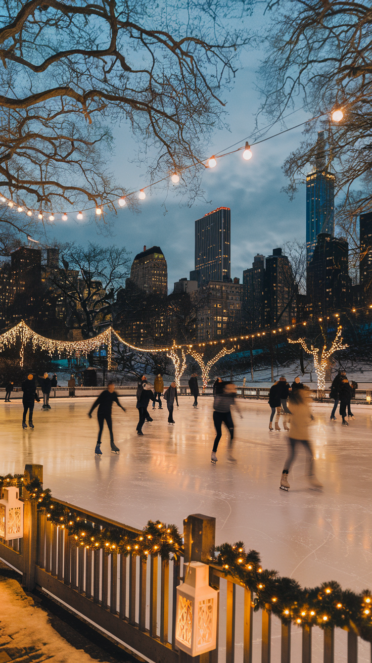 A photo of a night scene at Wollman Rink in Central Park, New York. Skaters glide across the ice, their movements smooth and fluid. The rink is adorned with festive decorations, including string lights and lanterns. The bare branches of winter trees frame the rink. The Manhattan skyline looms in the background, its lights reflecting on the ice. The atmosphere is warm and inviting, with the golden glow of the decorations adding to the cozy winter ambiance.