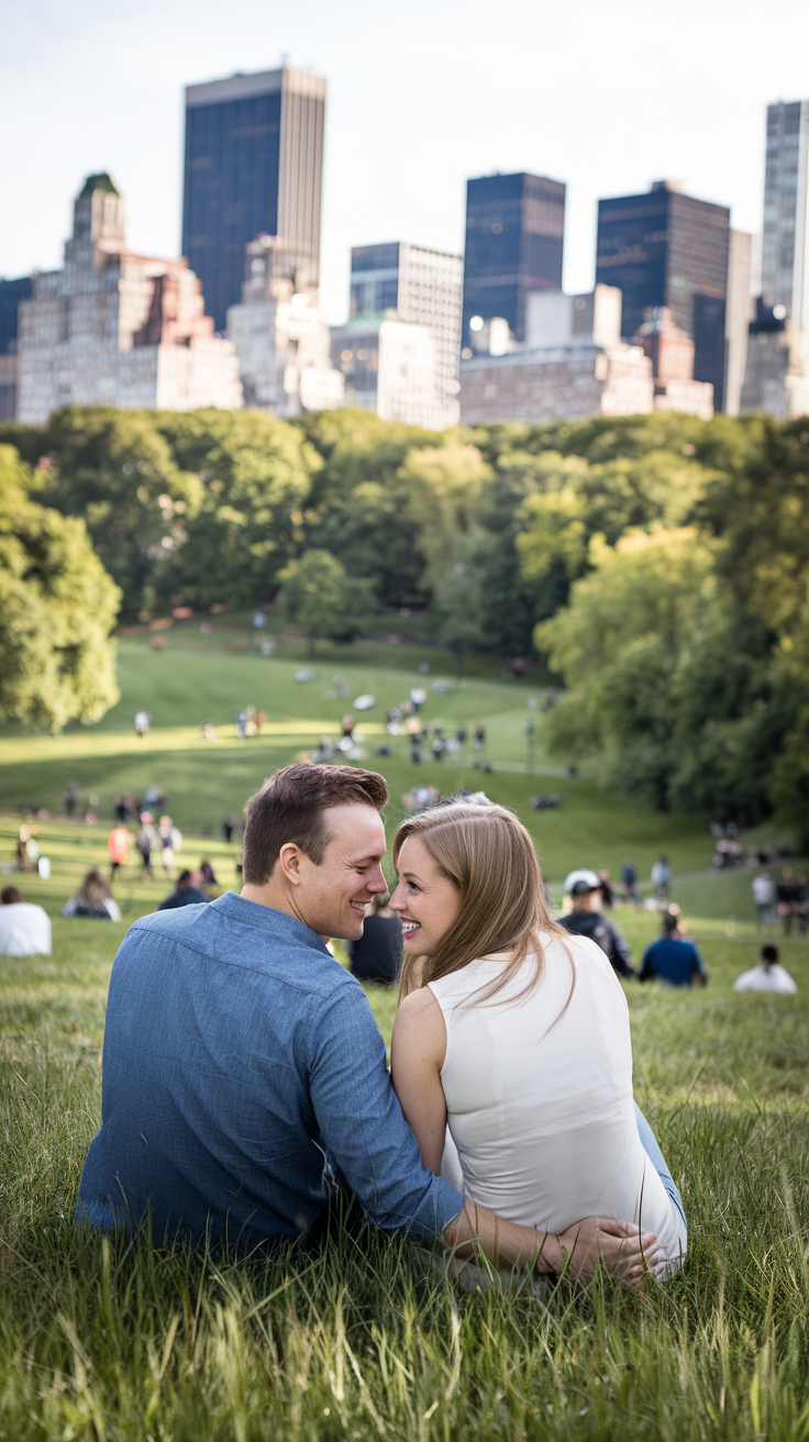 A photo of a cheerful couple sitting on a grassy hill in Central Park, with the city skyline visible in the background. They're leaning close, sharing a laugh. Around them, other visitors are enjoying the park, creating a lively yet peaceful atmosphere. The image conveys satisfaction and joy, symbolizing the fulfillment of a well-planned, budget-friendly NYC adventure.