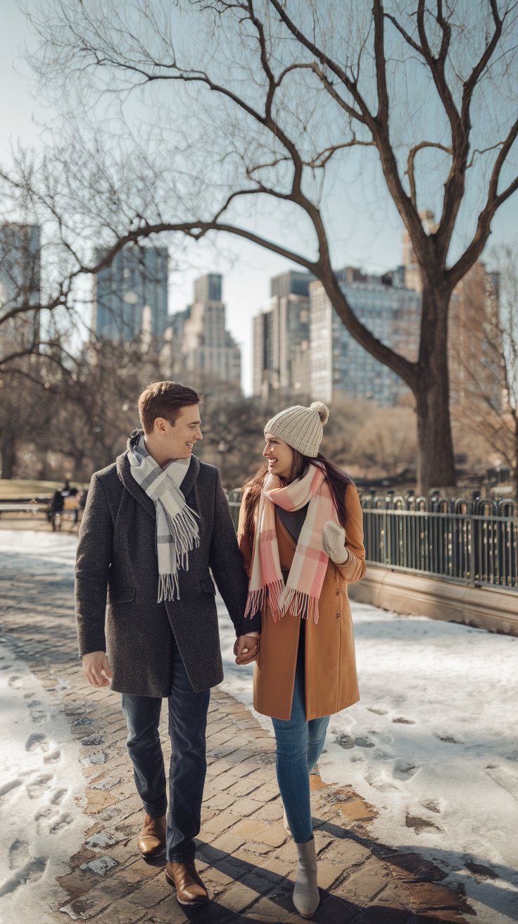 A photo of a young couple bundled up in winter coats and scarves, walking hand-in-hand in Central Park on a sunny winter day. They're smiling and enjoying the scenery, surrounded by bare trees and a light dusting of snow on the ground. Behind them, the Manhattan skyline peeks through the trees. The mood is peaceful and budget-conscious, highlighting the charm of visiting NYC during the off-peak season.