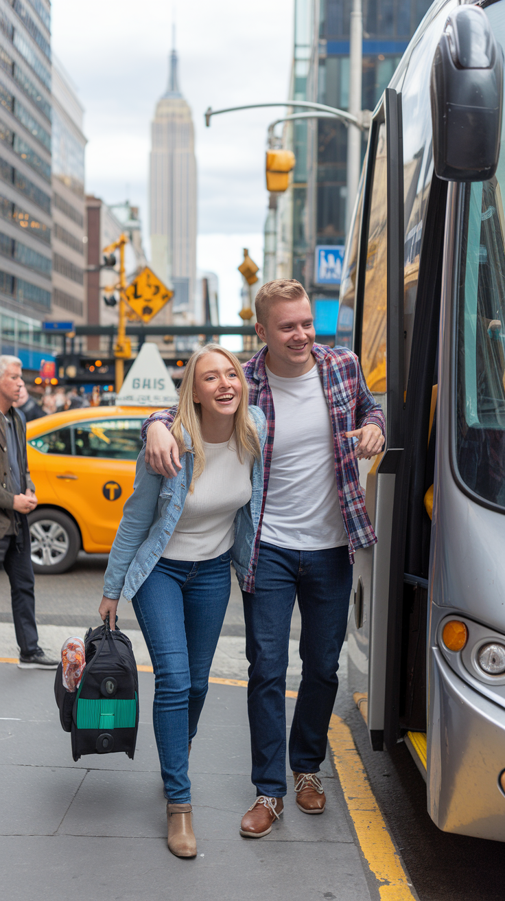 A photo of a cheerful couple in their late 20s or early 30s, casually dressed, stepping off a Megabus in NYC with small travel bags. The backdrop features a busy street scene with yellow taxis, pedestrians, and a distant view of the Empire State Building. They look excited and ready to start their adventure, capturing the vibe of arriving in New York City affordably.