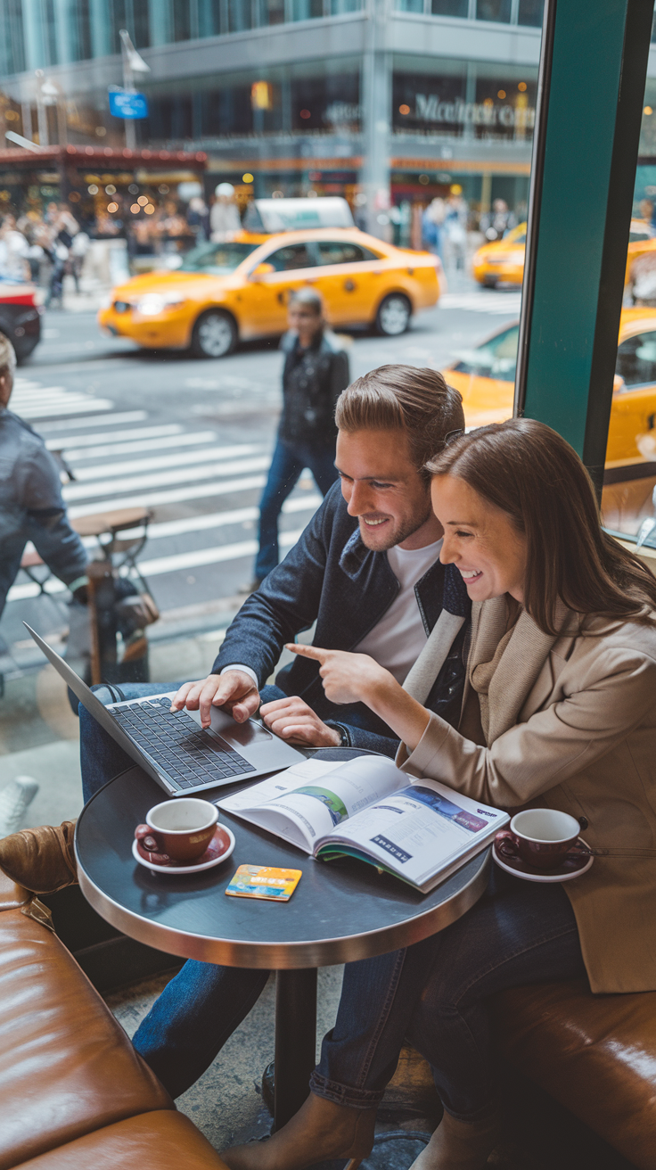 A photo of a couple sitting at a cozy cafe table in New York City. The man is using a laptop, while the woman has a guidebook open in front of them. They are both smiling and pointing at the screen. There are two cups of coffee and a MetroCard on the table. Through the window behind them, the busy NYC street is visible, with pedestrians and iconic yellow taxis. The scene captures the essence of strategizing and making smart choices to save money while enjoying the city.