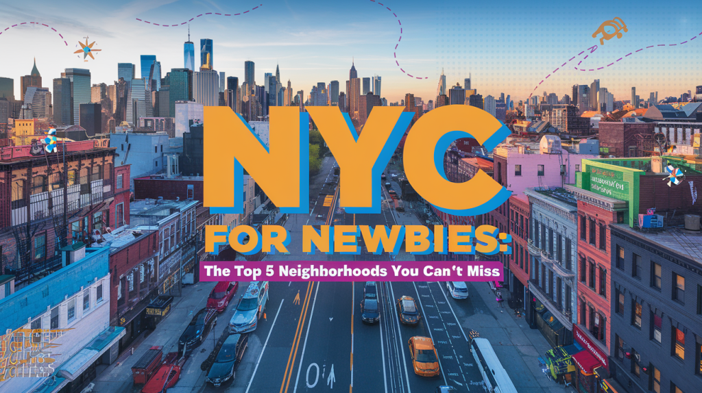 A photo of a vibrant and bold image showcasing the essence of New York City's diverse neighborhoods. The background contains the skyline views, cultural landmarks, and bustling streets of SoHo, Williamsburg, and other neighborhoods. There are subtle travel-related graphics, such as map lines, compasses, and small icons of buses and trains. The foreground contains the title "NYC for Newbies: The Top 5 Neighborhoods You Can’t Miss" in bold, colorful fonts. The image is in a 16:9 format and has bright colors.