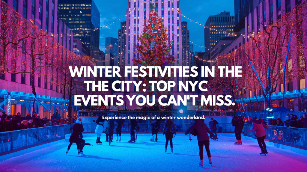 A vibrant and festive Pinterest-style image with bold colors of a wintery New York City backdrop. The image features the Rockefeller Center Christmas tree, ice skaters, and twinkling holiday lights. The image is overlaid with bold, eye-catching text: "Winter Festivities in the City: Top NYC Events You Can't Miss," and a smaller subtext reading, "Experience the Magic of a Winter Wonderland."